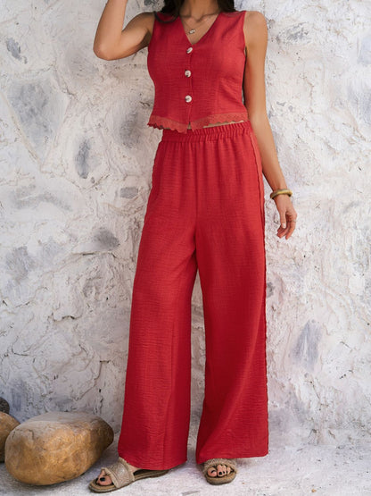 Devine Button Down Lace Detail Vest and Pants Set – Elegant Two-Piece with Stretchy Comfort See size chart under “more details” The Fashion Celestial