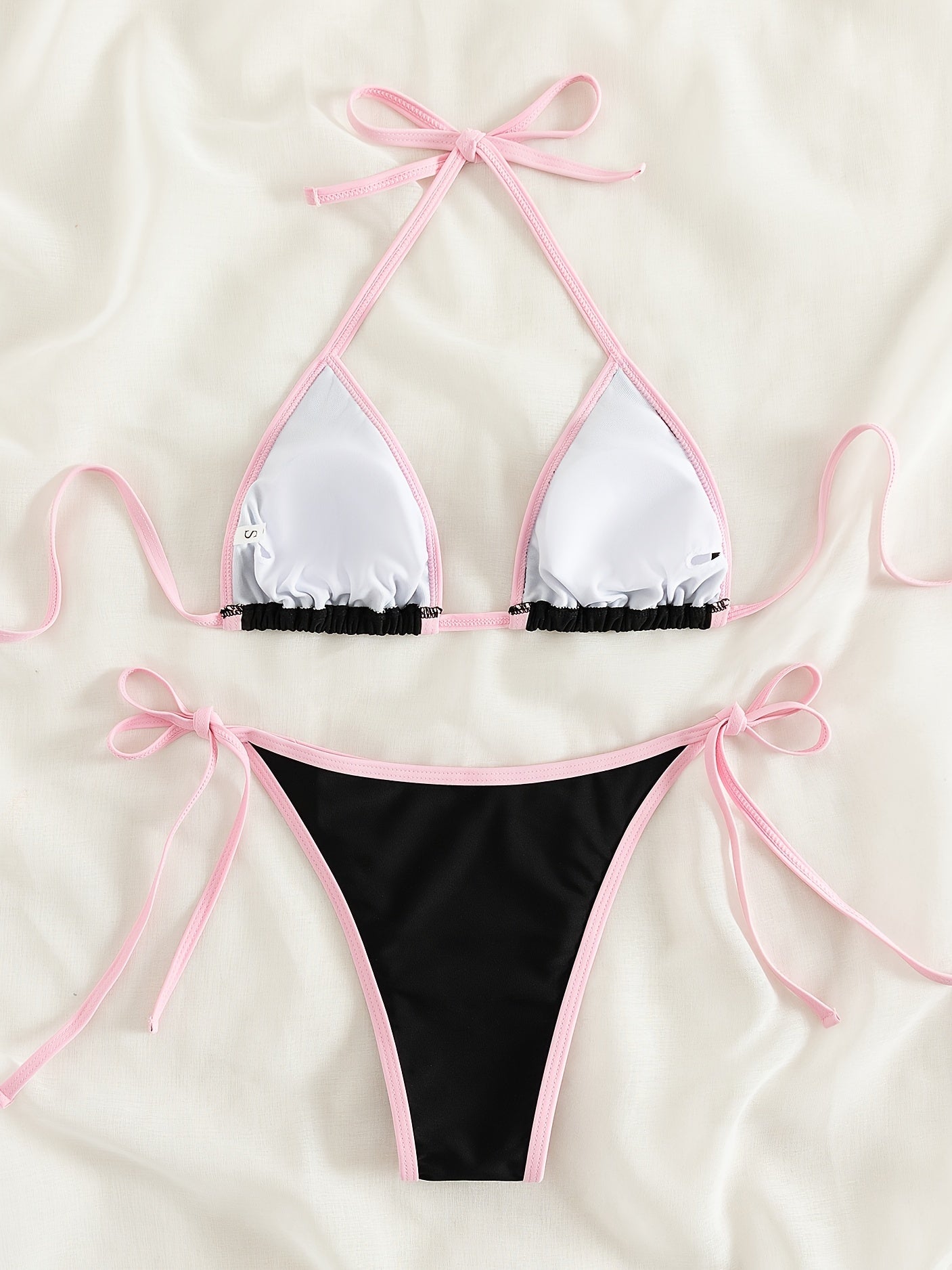 Contrast Trim Tie Side 2 Piece Bikini Swimsuit, Triangle Halter Tie Back Neck Stretchy Beachwear, Cute & Sexy, Women's Swimwear & Clothing NovaCart
