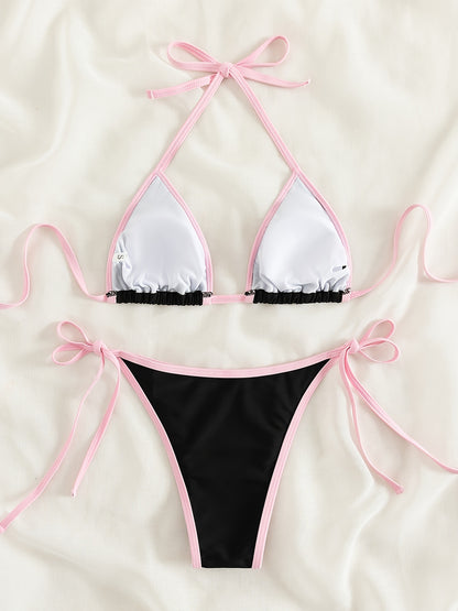 Contrast Trim Tie Side 2 Piece Bikini Swimsuit, Triangle Halter Tie Back Neck Stretchy Beachwear, Cute & Sexy, Women's Swimwear & Clothing NovaCart