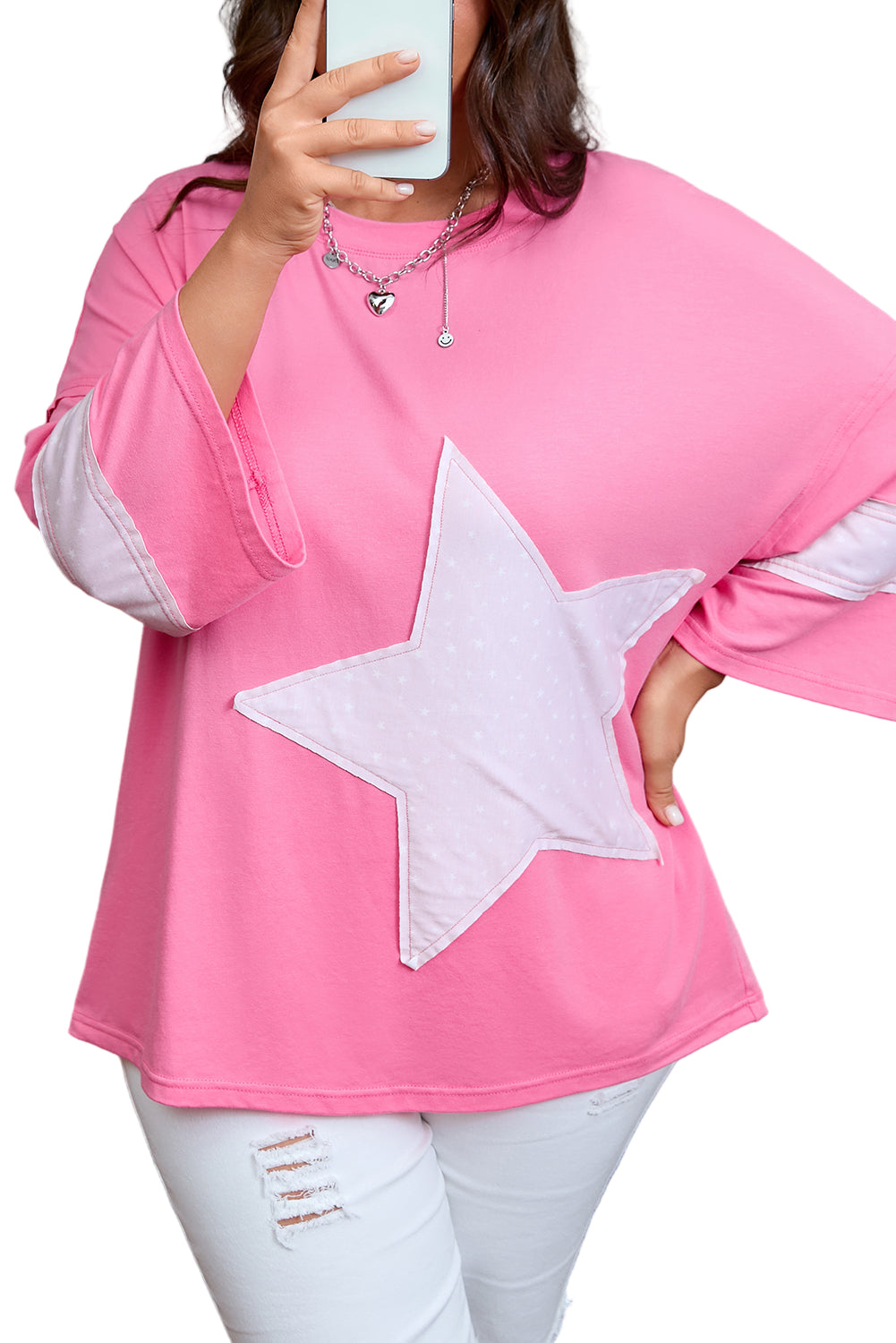 Pink Raw Edge Frayed Star Patched Plus Size Top Garden Naked Curves