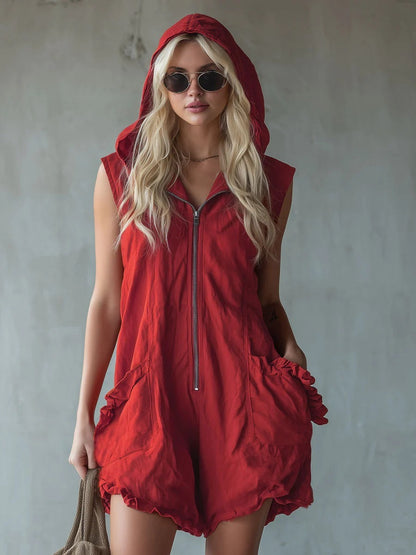 Women's Retro Hooded Zip-Up Sleeveless Cropped Jumpsuit FitiqueFit