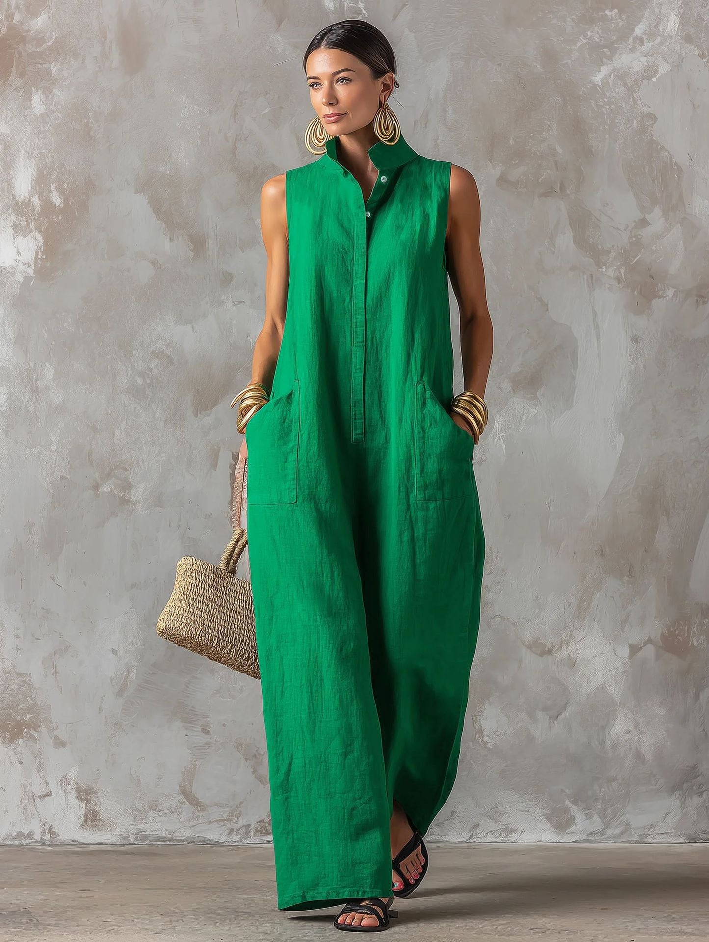Linen Blend Sleeveless Stand-Collar Jumpsuit – 5 Colors S–3XL FitiqueFit