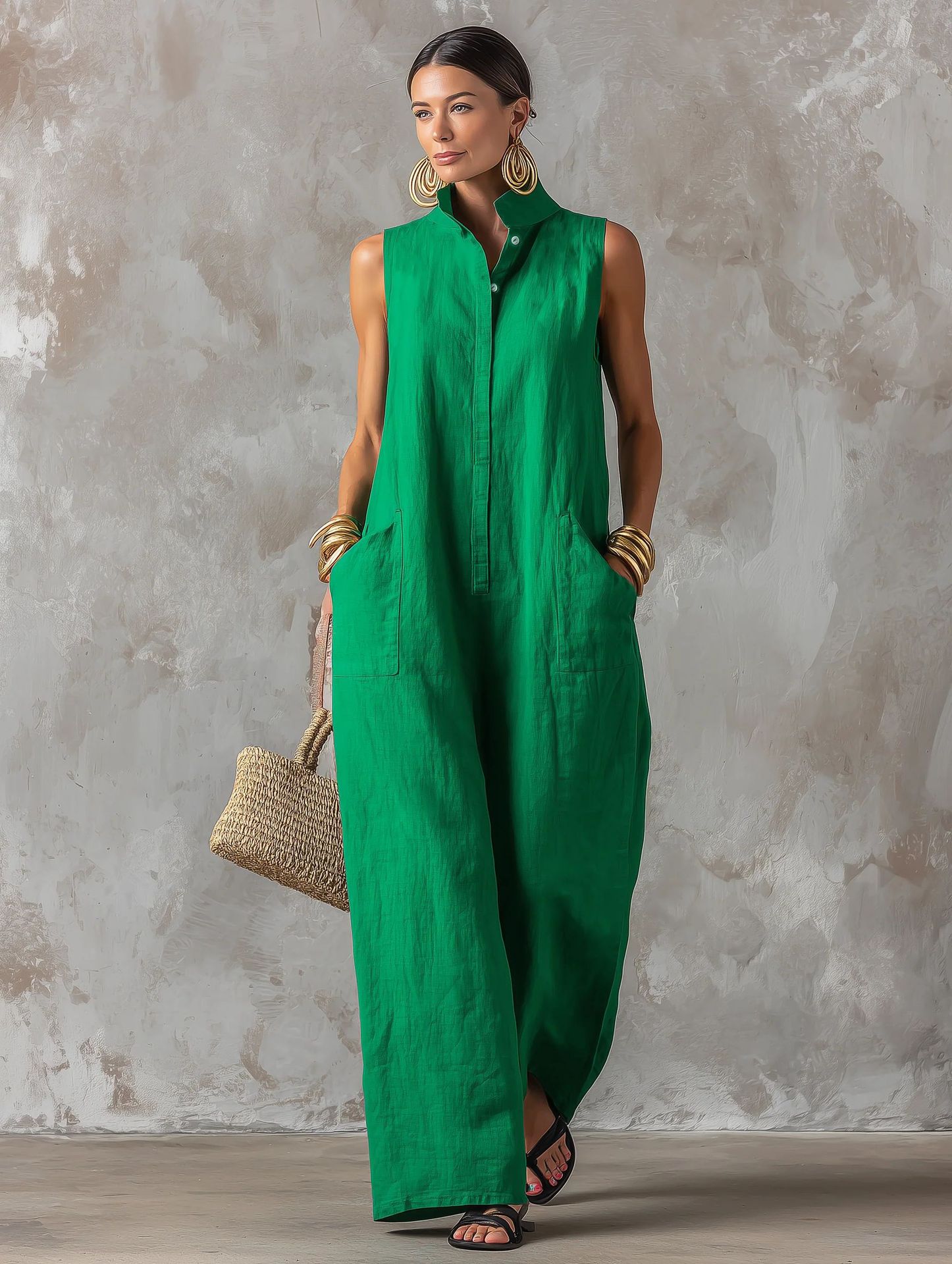 Linen Blend Sleeveless Stand-Collar Jumpsuit – 5 Colors S–3XL FitiqueFit