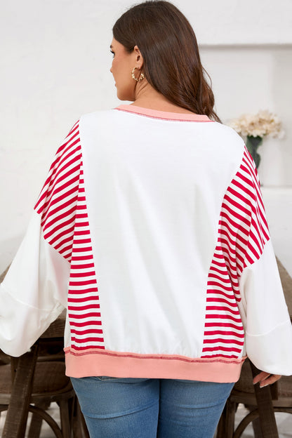 Red Stripe Color Block Patchwork Seam Detail Plus Size Sweatshirt Garden Naked Curves