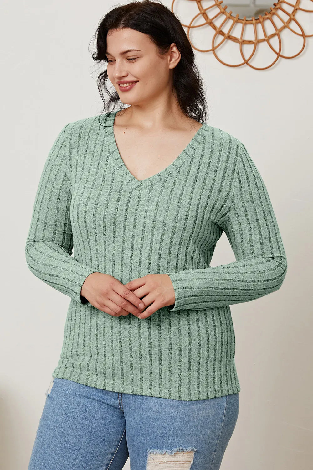 Basic Bae Full Size Ribbed V-Neck Long Sleeve T-Shirt New Era Fashion LLc