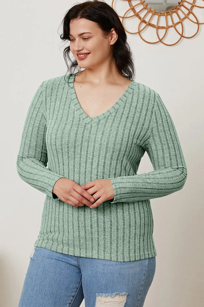 Basic Bae Full Size Ribbed V-Neck Long Sleeve T-Shirt New Era Fashion LLc