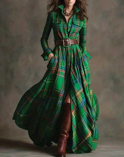 Women's Plus Size Plaid Print Long Sleeve Shirt Dress with Pockets FitiqueFit