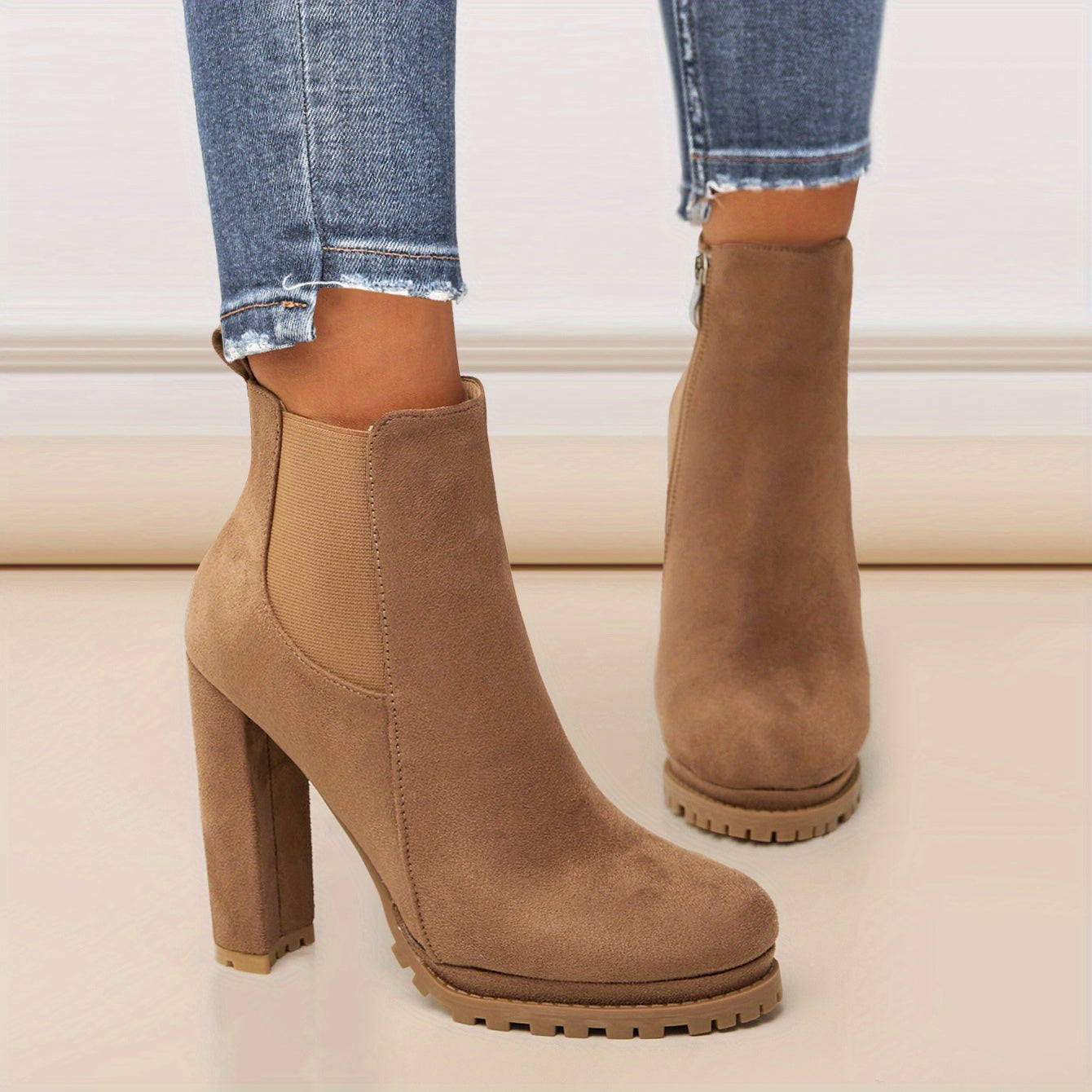 Women's Pointed Toe Short Boots, Tound Toe Side Zipper Chunky Heeled Platform Ankle Boots, Women's Footwear NovaCart