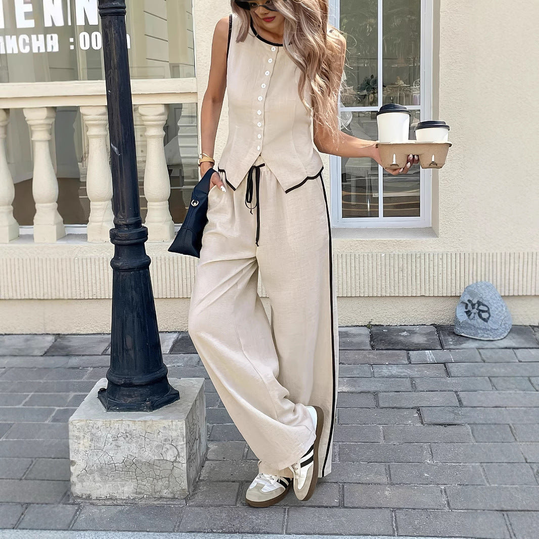 Women's Contrast Color Sleeveless Vest & Drawstring Trousers Suit – 6 Colors S–XXL FitiqueFit