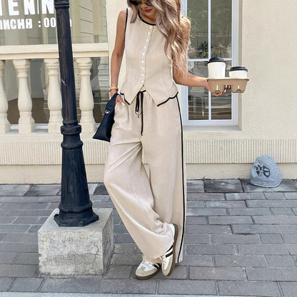 Women's Contrast Color Sleeveless Vest & Drawstring Trousers Suit – 6 Colors S–XXL FitiqueFit