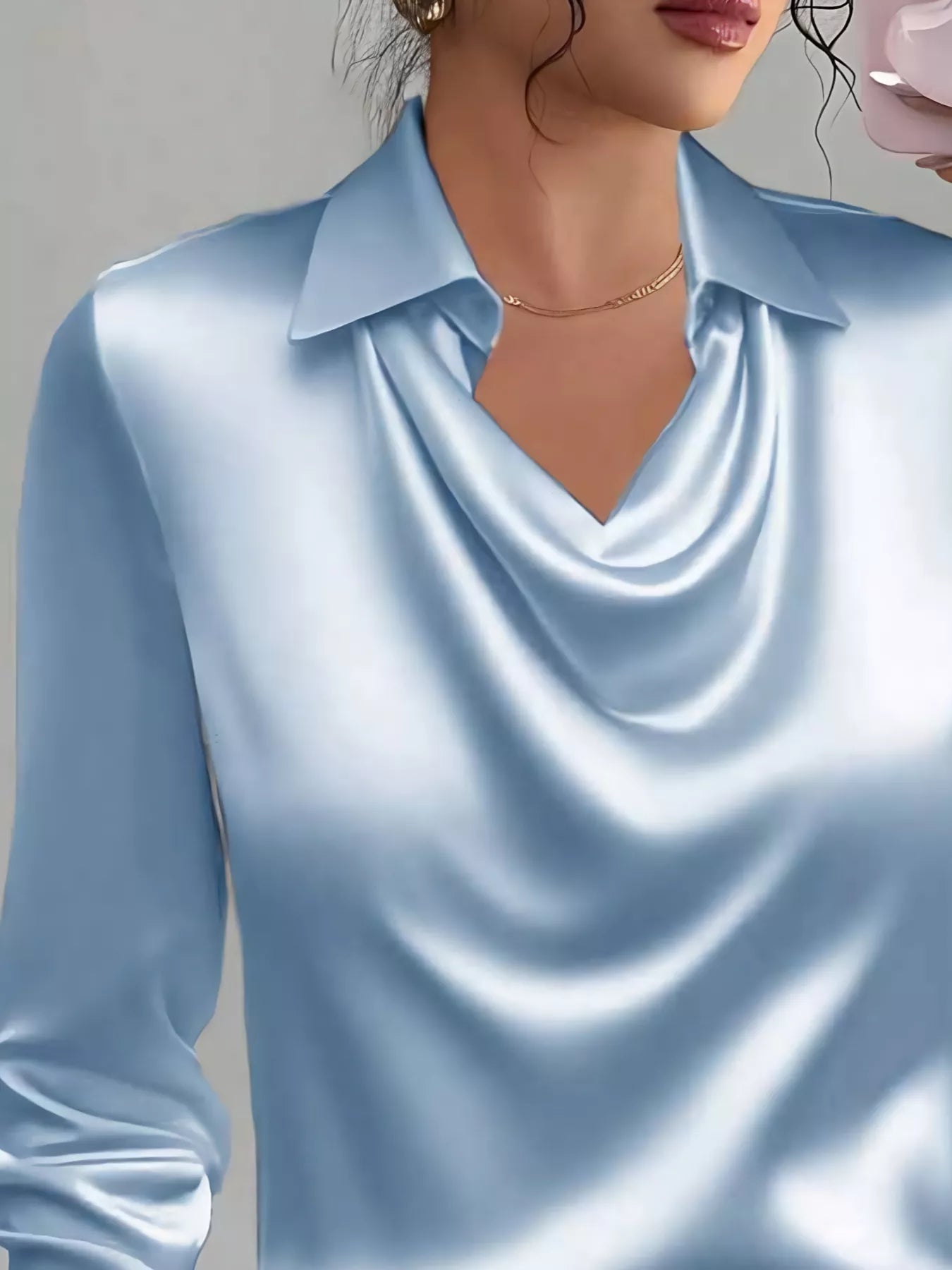 Satin Collared Neck Long Sleeve Blouse See size chart under “more details” The Fashion Celestial