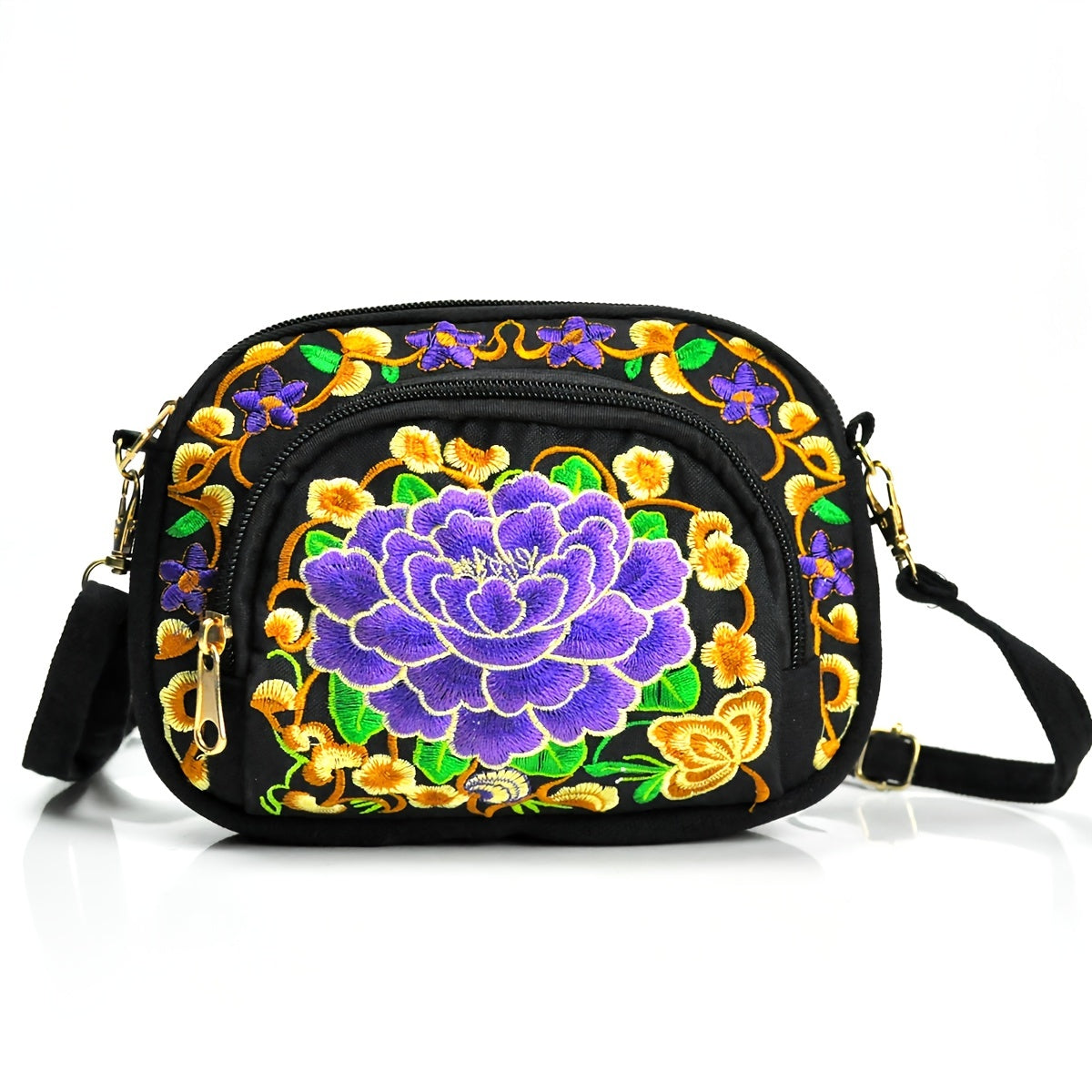 Vibrant Floral Embroidered Crossbody Bag for Women - Lightweight, Double-Sided Design with Detachable Strap, Zipper Closure, and Phone Pocket - Perfect for Casual Outings, Travel Accessory | Vibrant Pattern Bag | Coin Purse NovaCart