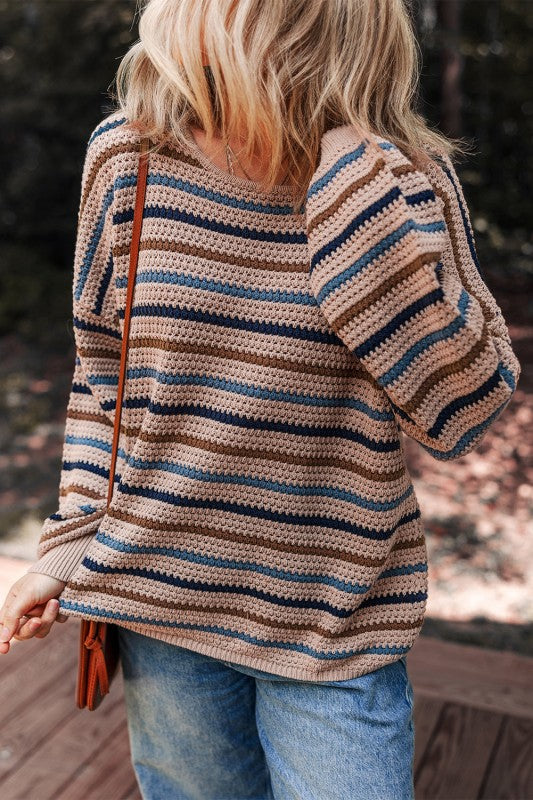 Stripe Drop Shoulder Round Neck Sweater Shop Style & More | Fresh Looks, Everyday Deals & Free Shipping