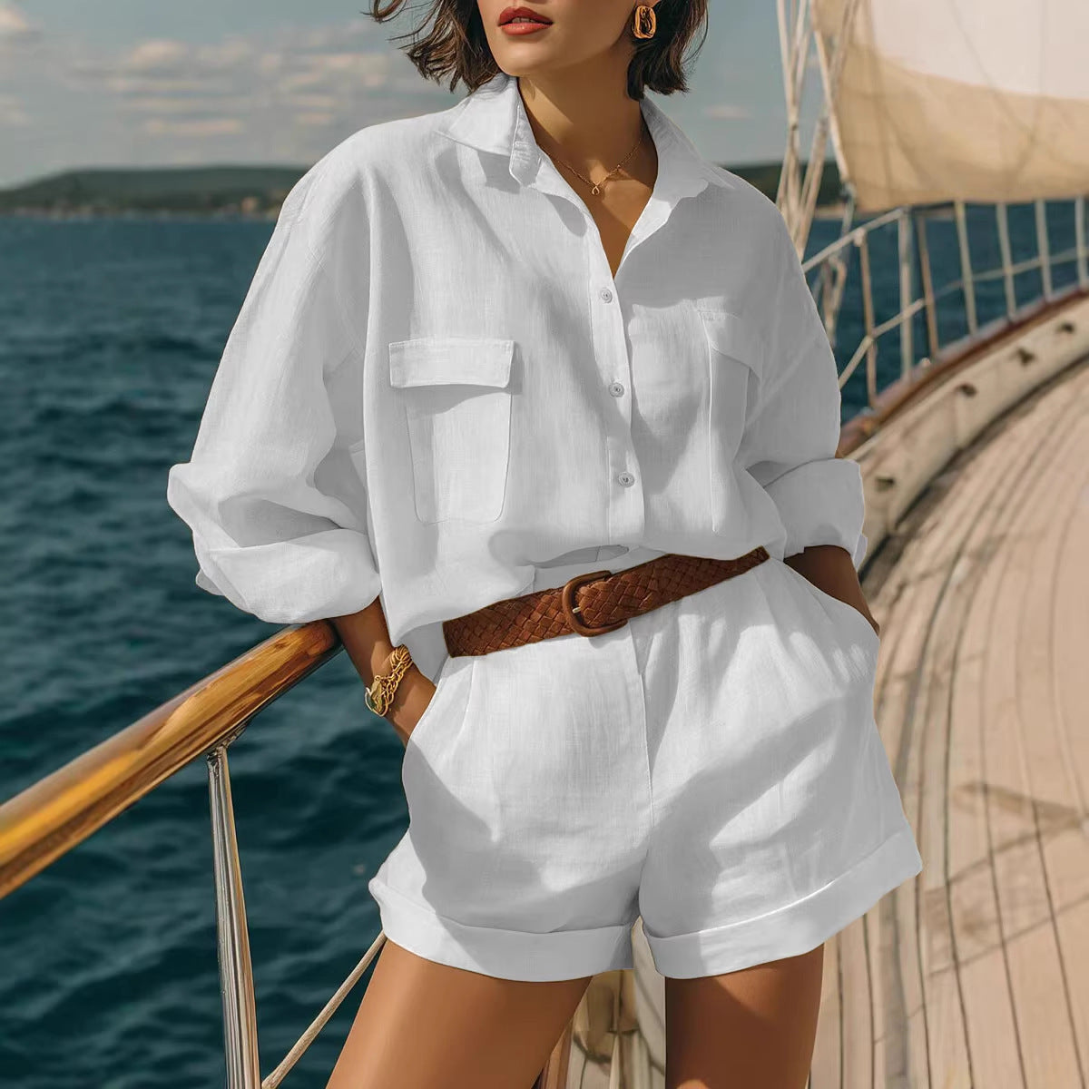 Cotton-Linen Loose-Fit Button-Down Shirt and Shorts Casual Set FitiqueFit