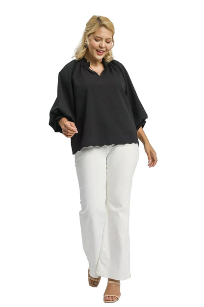 Umgee Full Size Textured Notched Balloon Sleeve Blouse Plus Size Garden Naked Curves