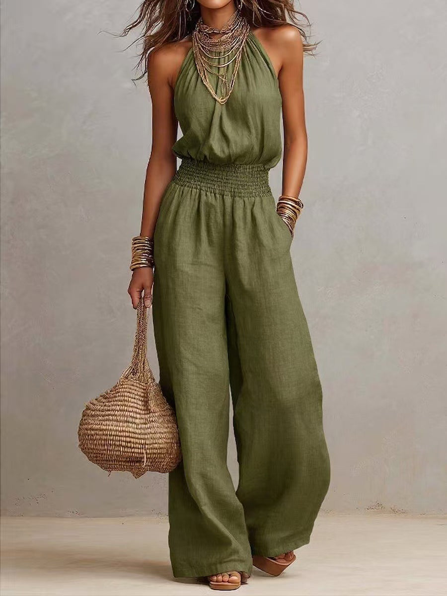 Women's Halter-Neck Backless Wide-Leg Jumpsuit – Solid Color Street Style FitiqueFit