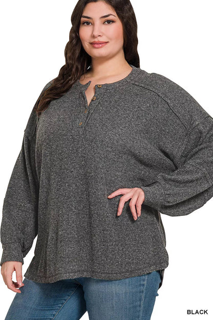 Zenana Full Size Ribbed Brushed Hacci Melange Henley Sweater Plus Size Garden Naked Curves
