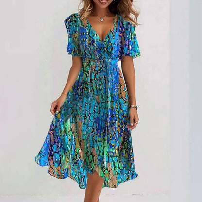 Chiffon Print V-Neck Dress – Elegant Two-Piece Set Midi Dress FitiqueFit