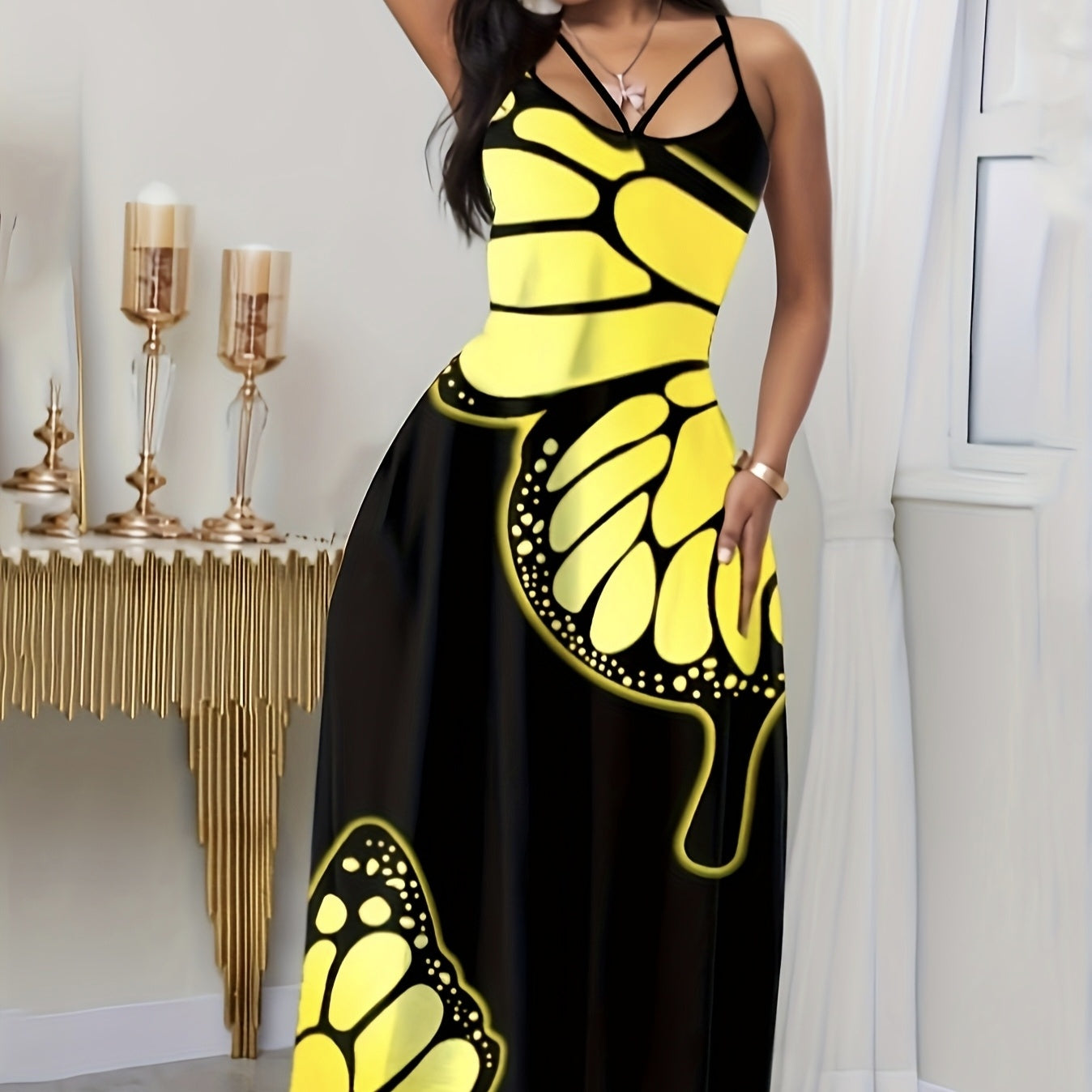 Ladies' V-neck Fashionable Butterfly Print Black Long Skirt Dress Grayceful LLC