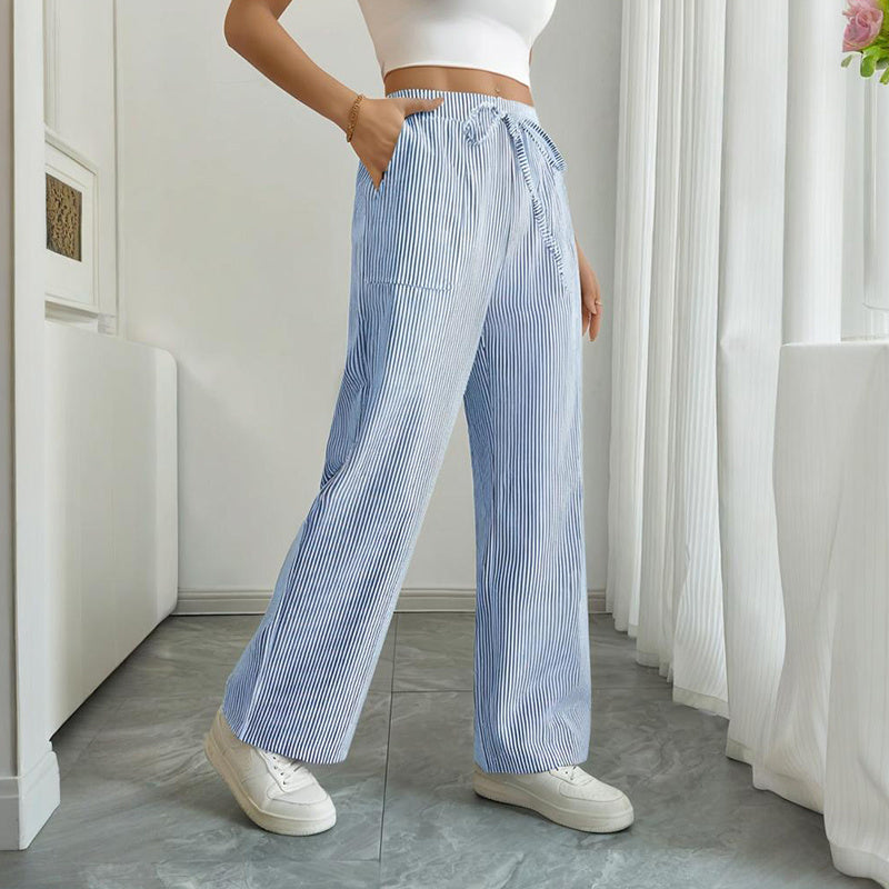 Women's Striped Print Straight Wide Leg Pockets Pants Casual Long Pants FitiqueFit