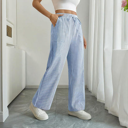 Women's Striped Print Straight Wide Leg Pockets Pants Casual Long Pants FitiqueFit