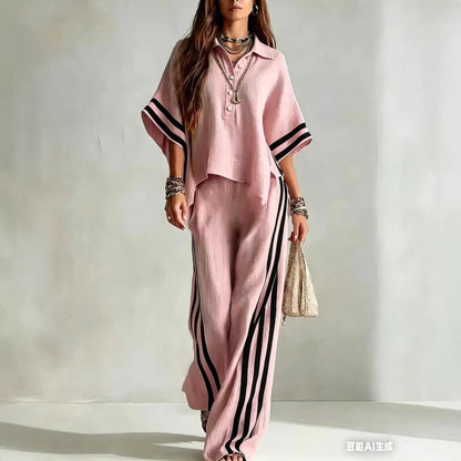 Women's Short-Sleeve Shirt & Loose Pants Two-Piece Set FitiqueFit