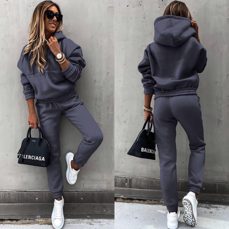 women's two piece solid color hooded sweatshirt set FitiqueFit