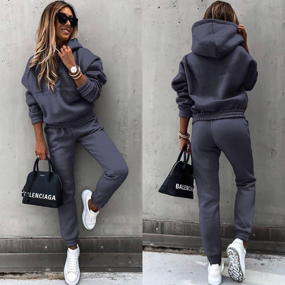 women's two piece solid color hooded sweatshirt set FitiqueFit