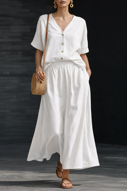 Women's Cotton-Linen V-Neck Button-Up Top & Long Skirt Set FitiqueFit