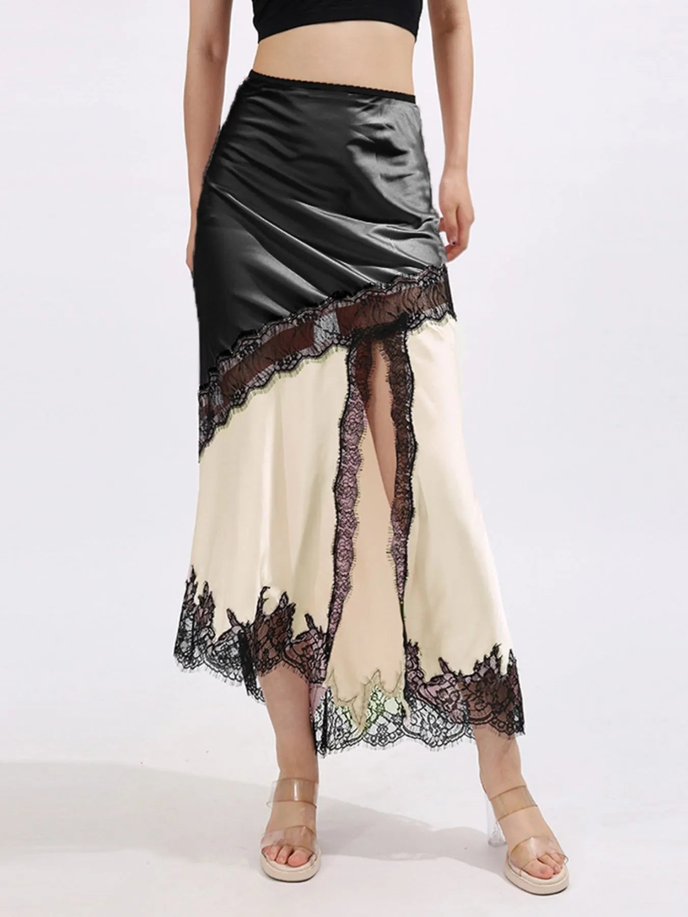 Lace Trim Asymmetrical Midi Skirt See size chart under “more details” The Fashion Celestial