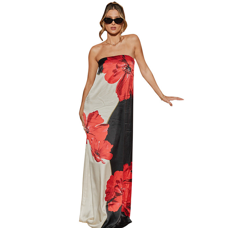 Contrast Color Sleeveless Print Tube Top Length Dress Grayceful LLC