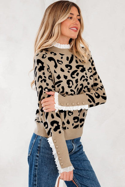 Leopard Lace Ribbed Trim Buttoned Cuff Sweater Shop Style & More | Fresh Looks, Everyday Deals & Free Shipping