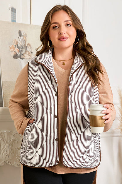 Brown Stripe Quilted Wavy Hem Snap Button Plus Size Vest Garden Naked Curves