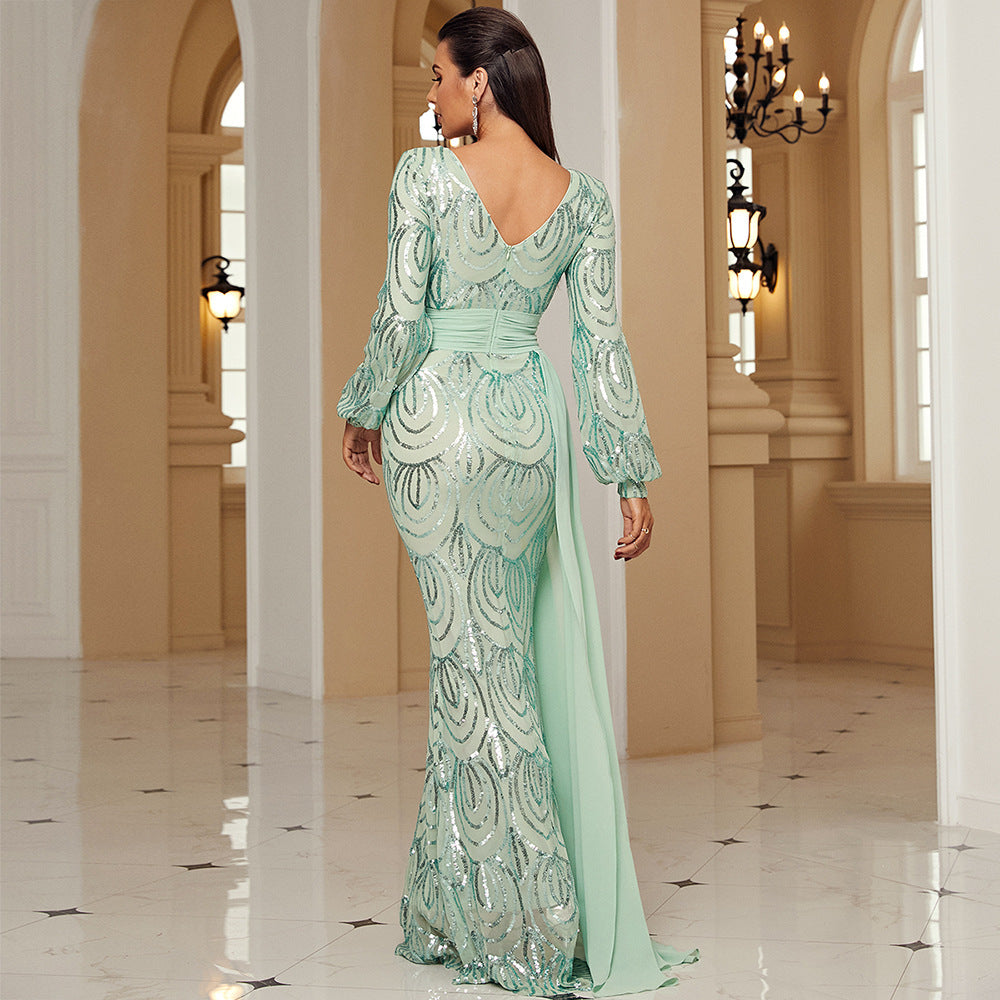 Long Sleeve Sexy Long Sequined V-neck Banquet Ribbon Evening Dress Grayceful LLC