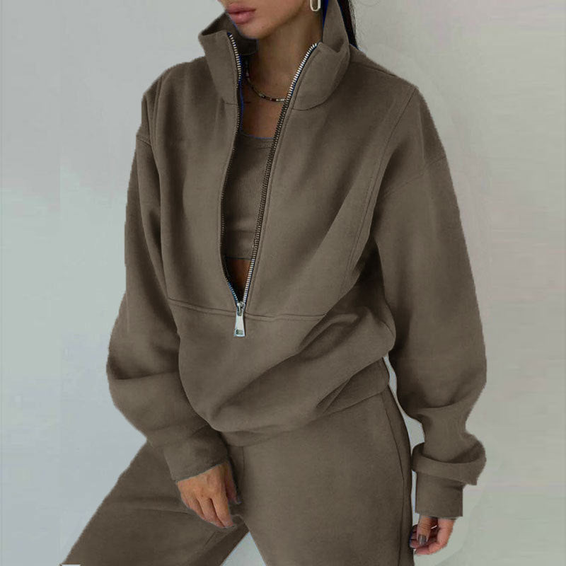 Women's 2-Piece Zip Neck Long Sleeve Sweatshirt & Slim Fit Pants Set FitiqueFit