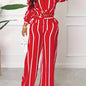 Women's Striped Print Two-piece Set - Button Front Collar Long Sleeve Shirt & High Waist Wide Leg Loose Pants Set - Casual Style - For Women - Perfect for Everyday Wear & Loungewear - Great Gift for Fashionable Women NovaCart
