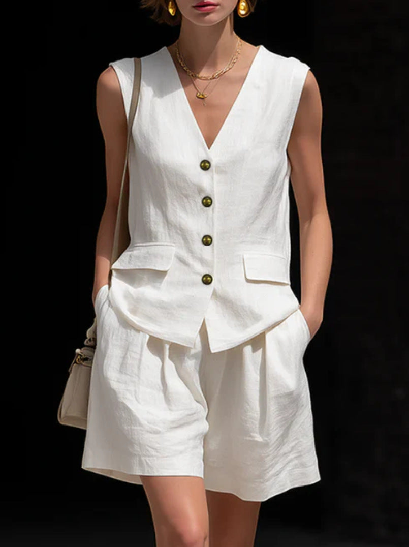Women’s Cotton Linen Sleeveless Vest Top and Shorts Set FitiqueFit