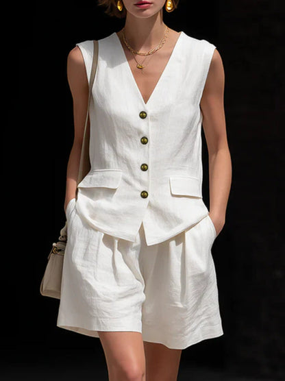 Women’s Cotton Linen Sleeveless Vest Top and Shorts Set FitiqueFit