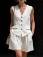 Women’s Cotton Linen Sleeveless Vest Top and Shorts Set FitiqueFit
