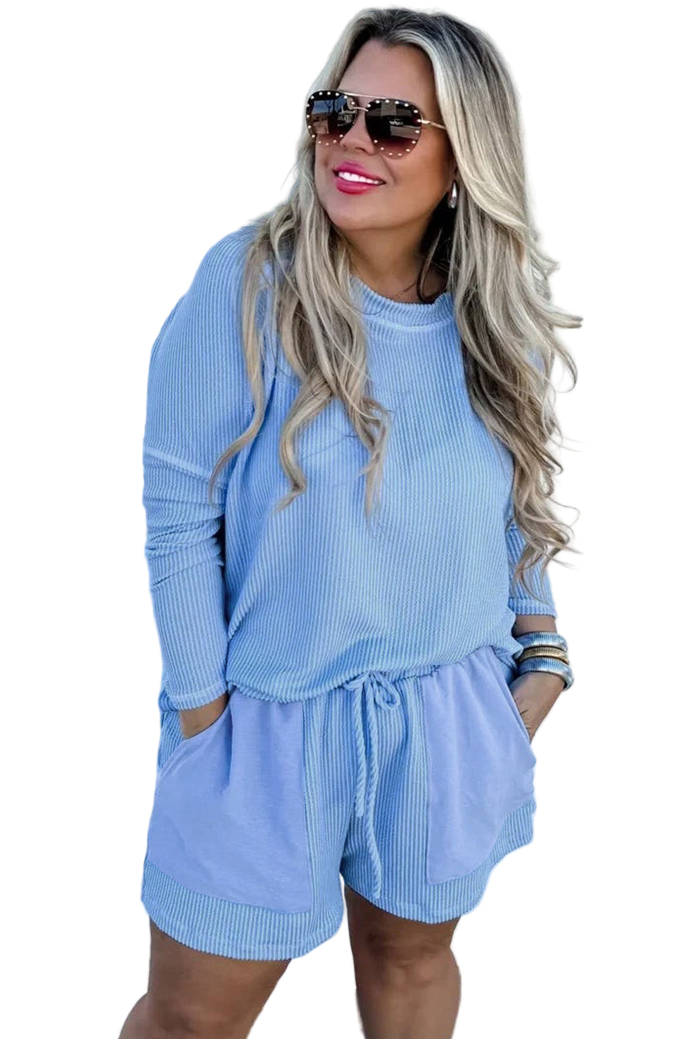 Light Blue Plus Size Ribbed Long Sleeve Top and Drawstring Shorts Set Garden Naked Curves