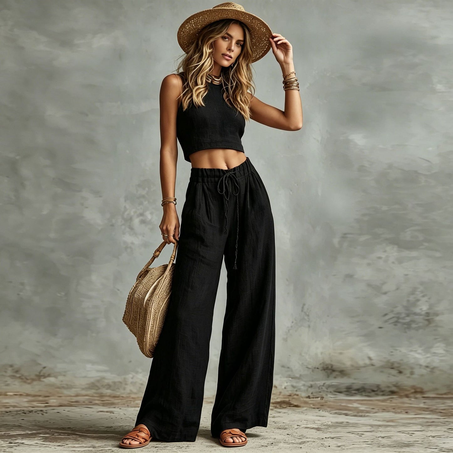 Women's Sleeveless Vest & Drawstring High-Waist Wide-Leg Pants Set FitiqueFit
