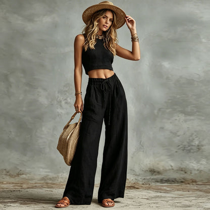 Women's Sleeveless Vest & Drawstring High-Waist Wide-Leg Pants Set FitiqueFit
