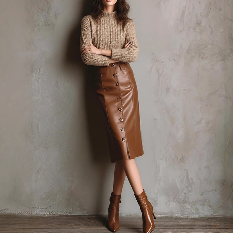 Women’s Faux Leather High-Waisted Bodycon Midi Skirt FitiqueFit