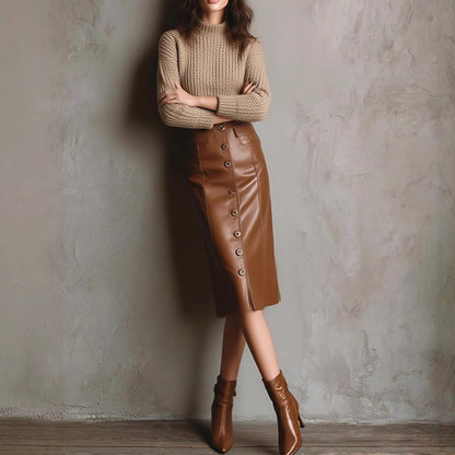 Women’s Faux Leather High-Waisted Bodycon Midi Skirt FitiqueFit