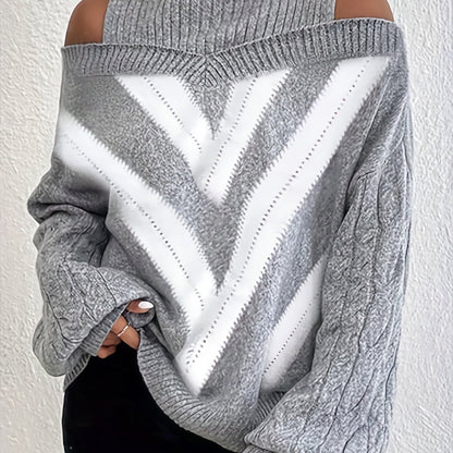 Elegant Plus Size Off Shoulder Striped Cable Knit Sweater