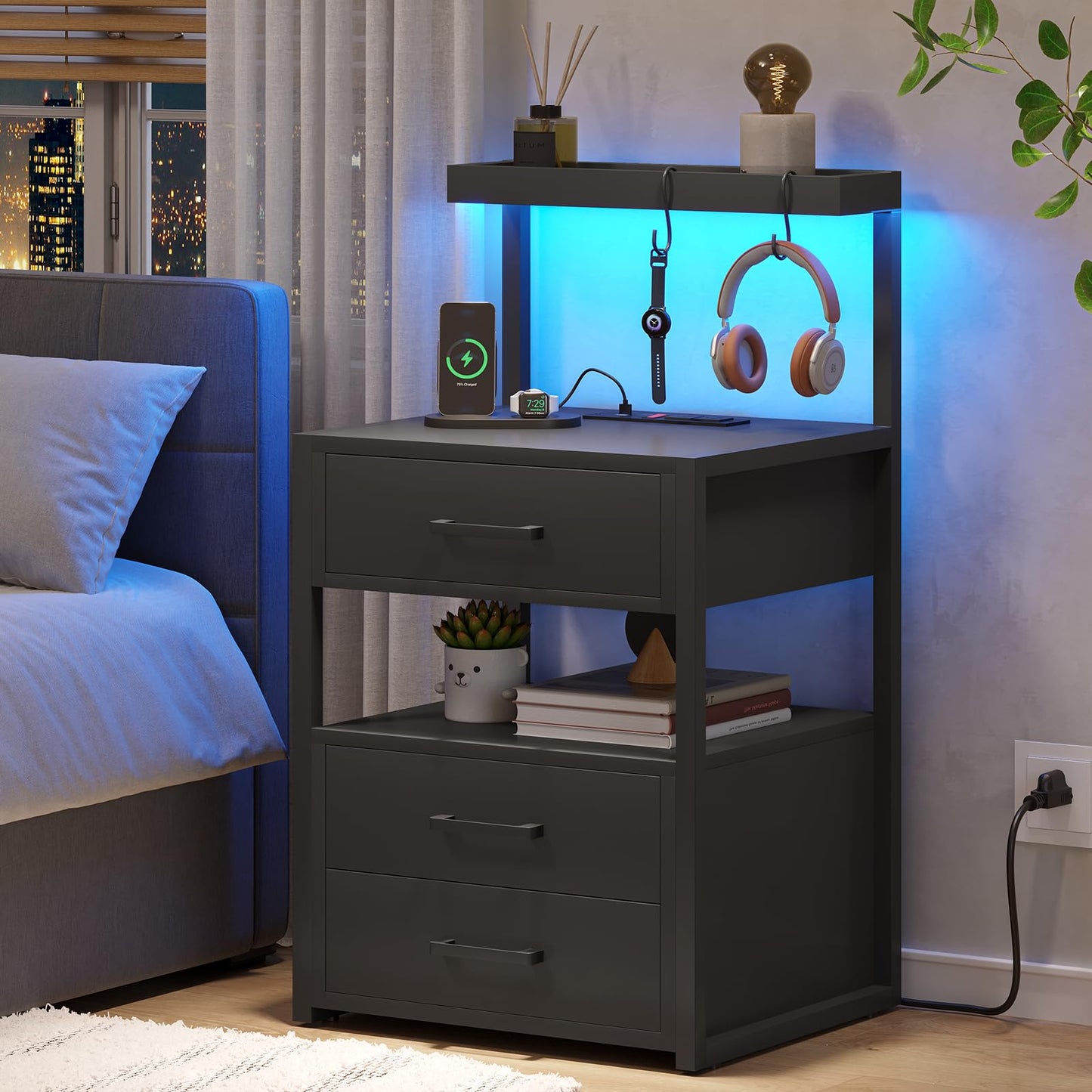 VIAGDO Led Nightstand with Charging Station 3 Drawers Night Stands with Led Lights Black Bedside Tables with Storage Shelves Modern End Side Tables for Bedroom Office New Era Fashion LLc