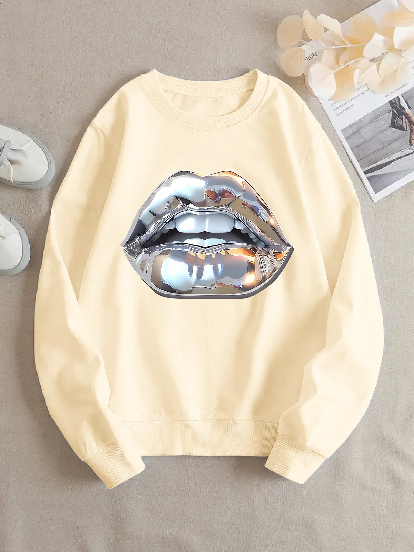 Womens Cartoon Silver Lip-Printed Sweatshirt See size chart under “more details” The Fashion Celestial
