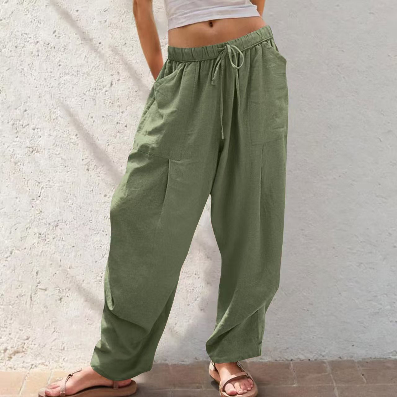 Womens Solid-Color Cotton-Linen Casual Loose Straight Pockets Lounge Pants With Drawstring See size chart under “more details” The Fashion Celestial