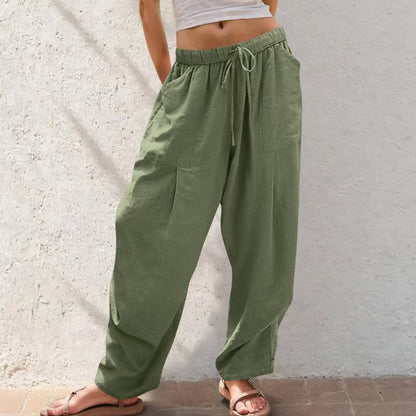 Womens Solid-Color Cotton-Linen Casual Loose Straight Pockets Lounge Pants With Drawstring See size chart under “more details” The Fashion Celestial