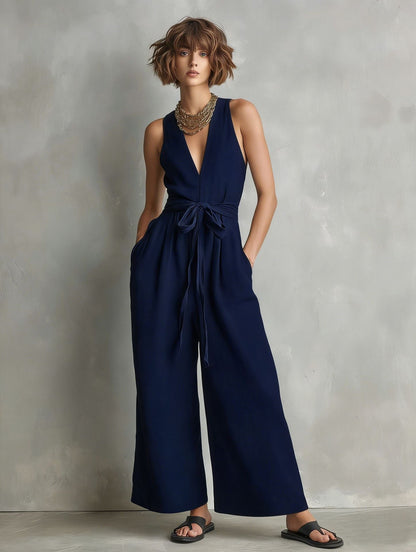 Women's Elegant V-Neck Sleeveless Commuter Jumpsuit FitiqueFit